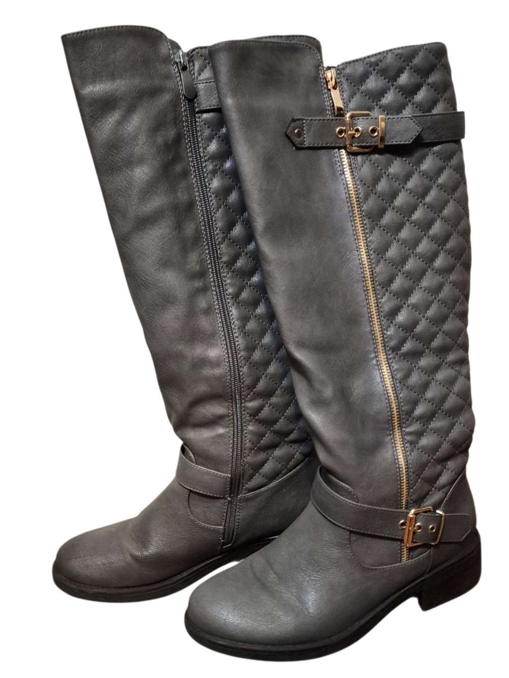Dream Pairs Quilted Gray Tall Riding Boots with Gold Hardware